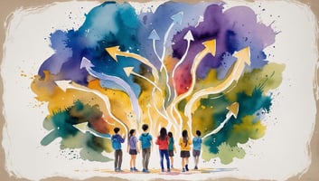 Una pintura de acuarela colorida muestra a un grupo de estudiantes diversos. Desde sus espaldas, muchos caminos coloridos y luminosos con flechas se elevan y se ramifican. Estos caminos representan sus muchas y diferentes opciones para el futuro.