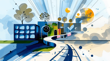 Abstract illustration depicting a clear, winding path leading through modern, organized building structures and simplified natural elements, bathed in bright, optimistic blues and yellows, symbolizing strategic and intentional design in education.